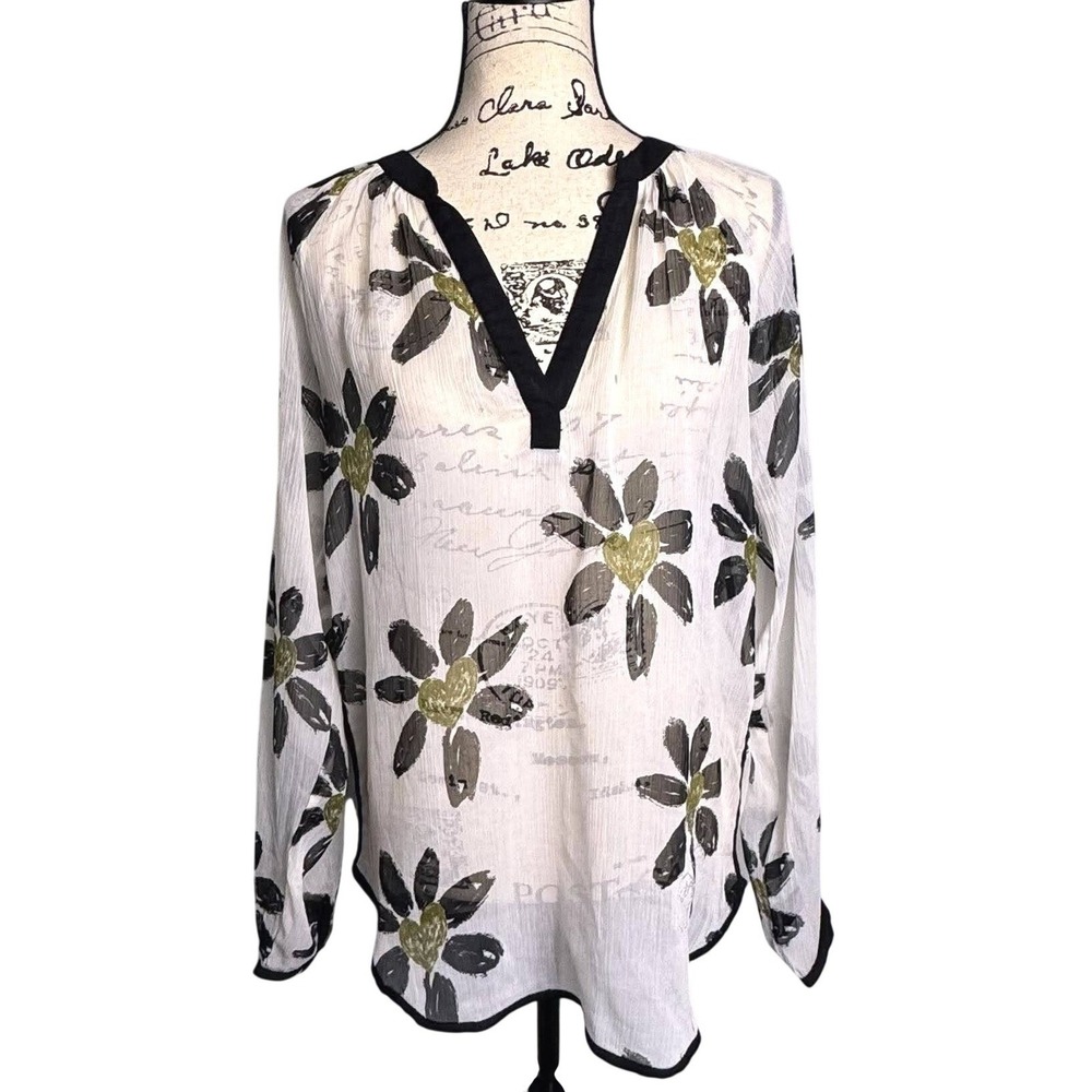 Desigual Crinkle Chiffon Blouse Sheer White Floral Heart Long Sleeve Sz L Boho